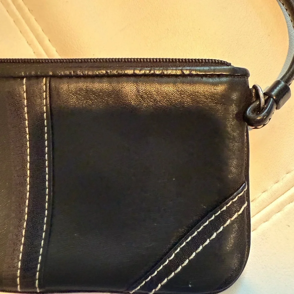 Coach Black Leather Wristlet with Contrast Stitching